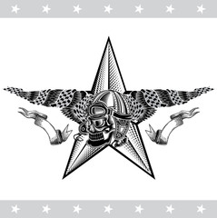 Wall Mural - Monochrome illustration of skull with star and vintage motorcycle or aviator hat between wings with race flag isolated on white