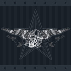 Wall Mural - Monochrome illustration of skull with star and vintage motorcycle or aviator hat between wings with race flag on dark background