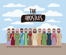 The Apostles And Jesus In Daily Scene In Desert In Colorful Silhouette Vector Illustration
