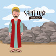 the evangelist saint luke in scene in desert next to the rocks in colorful silhouette vector illustration