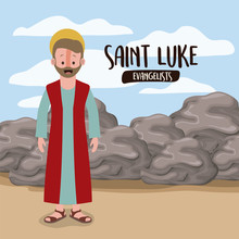 The Evangelist Saint Luke In Scene In Desert Next To The Rocks In Colorful Silhouette Vector Illustration