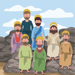 Wall Mural - scene in desert with group of apostles next to the rocks in colorful silhouette vector illustration