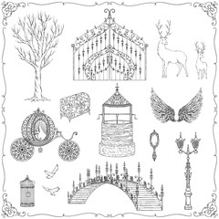 Fairy tale theme. Vintage gate, lantern, carriage, bridge, well, tree, wings, chest, cage, mirror, deer. Collection of decorative design elements. Isolated objects. Vector illustration