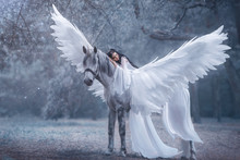 Fantasy Woman Princess. Beautiful, Young Elf, Walking With A Unicorn. She Is Wearing An Incredible Light, White Dress. The Girl Lies On The Horse Pegasus. Sleeping Beauty. Artistic Photography