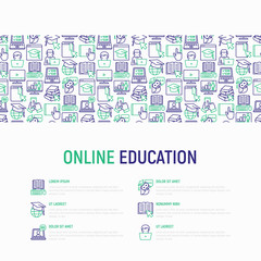 Online education concept with thin line icons: online course, webinar, e-book, video conference, home studying, wise owl in graduation cup. Modern vector illustration for school web page.