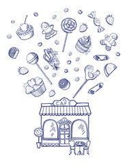 Sticker - Vector hand drawn sweets shop building