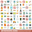 100 municipal icons set, flat style