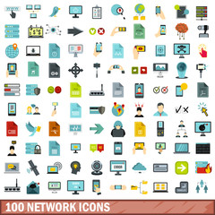 Wall Mural - 100 network icons set, flat style