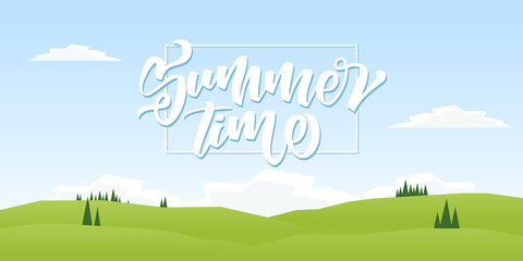 Wall Mural - Vector illustration: Summer hills landscape with pines.