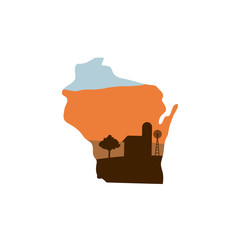 wisconsin state shape with farm at sunset w windmill, barn, and a tree