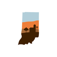 indiana state shape with farm at sunset w windmill, barn, and a tree