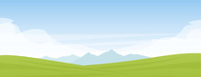 Vector Illustration: Summer Panoramic Cartoon Flat Landscape With Mountains, Hills And Green Field.