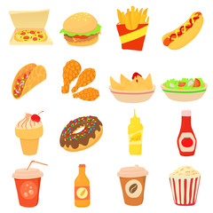Wall Mural - Fast food icons set, cartoon style