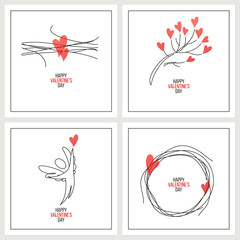 Valentines Day greeting cards with black lines and red hearts - vector illustration