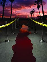 Bloody Pavement Lined With Crime Scene Tape At Sunset