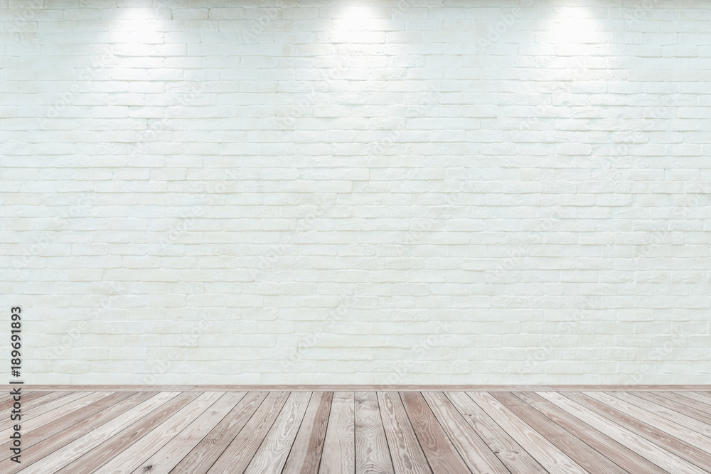Room interior vintage with white brick wall and wood floor Stock Photo ...