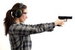 © Victor Moussa - Second amendment, self defence and use of firearms at shooting range concept with a woman aiming a gun and ready to shoot while wearing protective gear isolated on white with a clipping path included