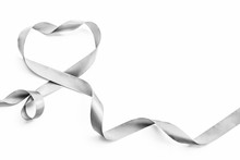 Silver Heart Ribbon Isolated On White Background (clipping Path) For Valentine Day Element