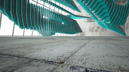  Abstract white and brown concrete parametric interior with blue glossy lines. 3D illustration and rendering.