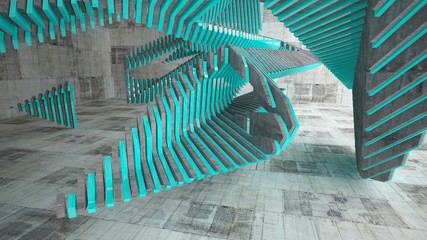  Abstrakcjonistyczny biały i brown betonowy parametryczny wnętrze z błękitnymi glansowanymi liniami. 3D ilustracja i rendering.
