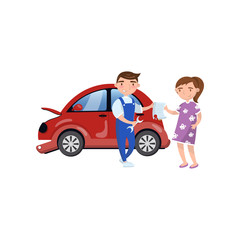 Poster - Young woman repairing injured car at car service, auto insurance concept cartoon vector Illustration