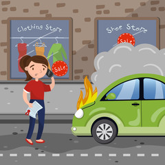 Poster - Female driver calling for help after car accident on city street, car insurance concept vector illustration in cartoon style design element for poster or banner