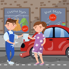 Poster - Female driver giving documet to auto mechanic worker on city street, car insurance concept vector illustration in cartoon style design element for poster or banner