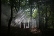 silhouette of a group of women in a dark forest with smoke