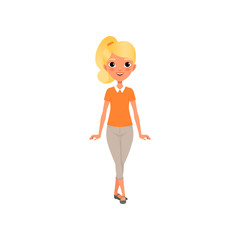 Poster - Cartoon blond girl with ponytail in orange t-shirt and beige breeches. Female character posing with cheerful face expression. Stylish casual clothes. Flat vector design