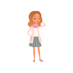 Poster - Pretty brunette girl posing in t-shirt, pink jacket, scarf and striped skirt. Stylish female clothes. Cartoon teenager character Colored flat vector design