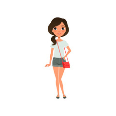 Poster - Cute girl dressed in stylish casual clothing blue blouse, gray shorts and red little bag on shoulder. Teenager posing with smiling face. Cartoon flat vector design