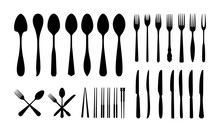 Set Of Cutlery Icon Silhouette, Spoon Fork Knife And Chopsticks Silhouette Vector Illustration