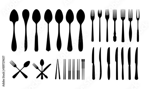 Fotomural set of Cutlery Icon Silhouette, Spoon Fork Knife and Chopsticks silhouette vecto