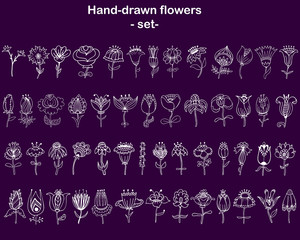 Wall Mural - Set of hand-drawn fantasy flowers for the design on the ultraviolet background.