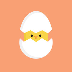 Cute little chick in cracked egg vector graphic illustration. Easter themed, yellow chicken cartoon with cracked eggshell, isolated on orange background.