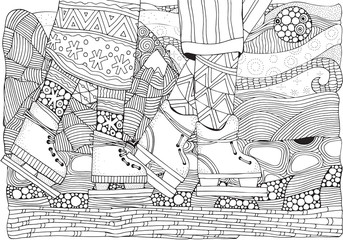 Wall Mural - Children on skates. Winter. Adult Coloring book page. Winter, christmas, Antarctica pattern. Hand-drawn vector illustration. Black and white.