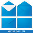 Set of blue vector envelopes in different views, isolated on a white background. Realistic blue vector envelope mockups.