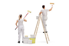 Female Painter And A Male Painter Climbed Up A Ladder Painting