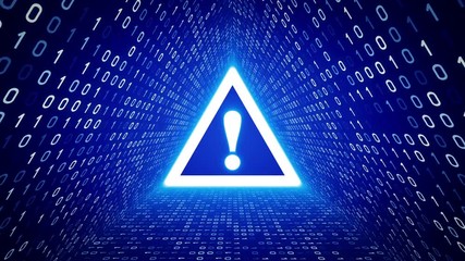 White attention sign form white binary tunnel on blue background. Seamless loop. More icons and color options available in my portfolio.