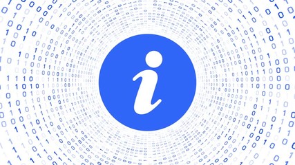 Blue information icon form blue binary tunnel on white background. Seamless loop. More icons and color options available in my portfolio.