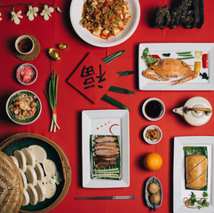 Concept picture for Chinese new year table set up and Chinese deish with Chinese word means fortune