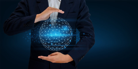 Wall Mural - Earth polygon mesh planet World Map In the hands of a businessman network technology and communication Space input data