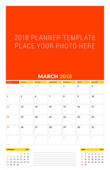 Vector calendar planner template for March 2018. Vector design print template with place for photo. Week starts on Sunday. 3 months on page