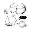Gouda cheese block drawing. Vector hand drawn food sketch. Engraved Slice cut.