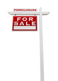 Fototapeta Przestrzenne - Left Facing Foreclosure For Sale Real Estate Sign Isolated on White.