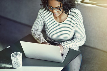 Wall Mural - Focused young African woman working online with a laptop