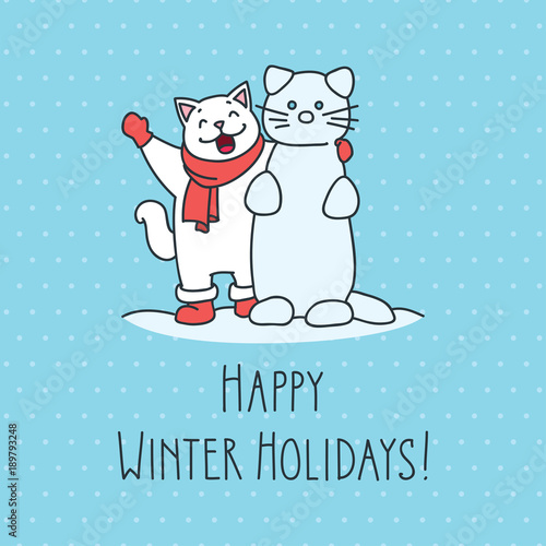 Happy Winter Holidays! Doodle vector illustration of funny white ...