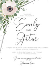 Wedding Floral Watercolor Style Invite, Invitation, Save The Date Card Design With Pink, White Anemones Poppies, Forest Green Eucalyptus Branches & Leaves Greenery Decoration. Vector Elegant Template.