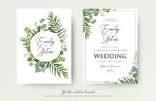 Wedding Invitation, Floral Invite Thank You, Rsvp Modern Card Design: Green Tropical Palm Leaf Greenery Eucalyptus Branches Decorative Wreath & Frame Pattern. Vector Elegant Watercolor Rustic Template