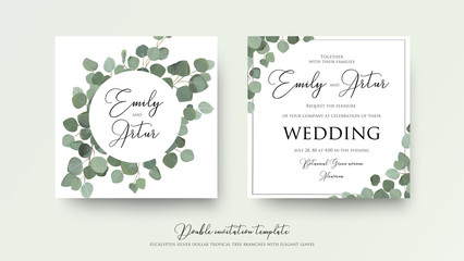 Wall Mural - Wedding floral watercolor style double invite, invitation, save the date card design with cute silver dollar eucalyptus tree branches with greenery leaves. Vector  natural elegant rustic art template